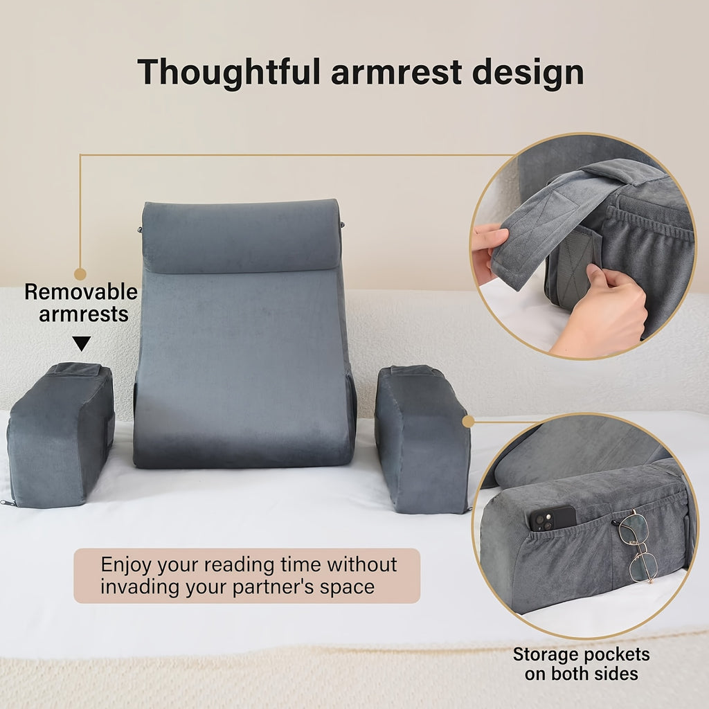 1pc Grey Reading Pillow, Soft Compressible Back Support with Arms, Machine Washable, Knitted Polyester Cover, Full Body Comfort for Bed, Chair, TV, Gaming - Adult Backrest Pillow
