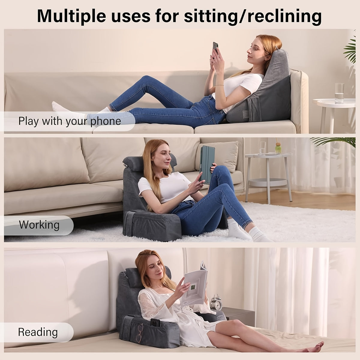 1pc Grey Reading Pillow, Soft Compressible Back Support with Arms, Machine Washable, Knitted Polyester Cover, Full Body Comfort for Bed, Chair, TV, Gaming - Adult Backrest Pillow
