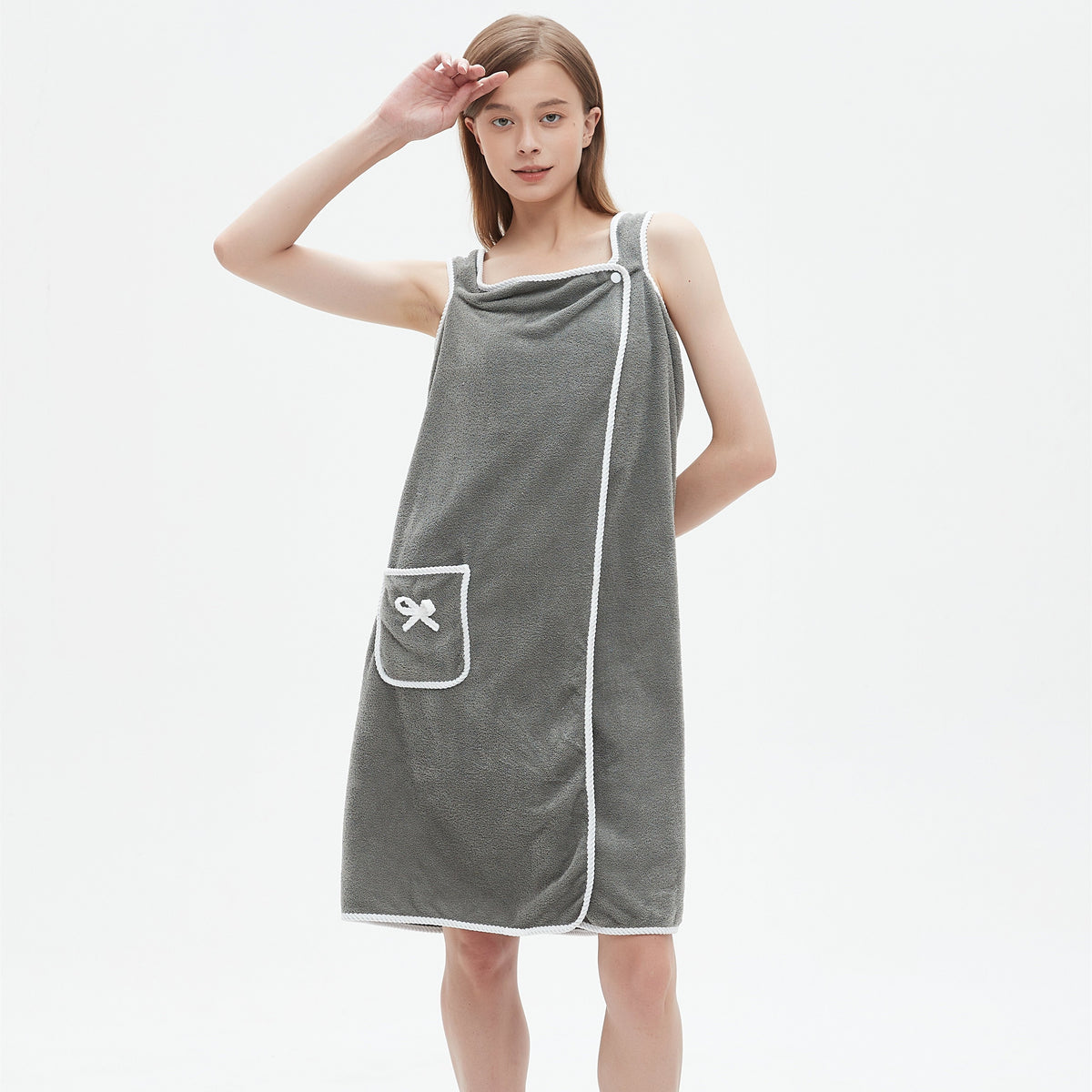 1pc Ultra-Soft Coral Velvet Bath Towel Skirt with Bowknot Design - Quick Dry, No Hair Loss, One Size Fits Most (5'2"-5'74", 132lbs-176lbs), Grey with White Pockets & Ties
