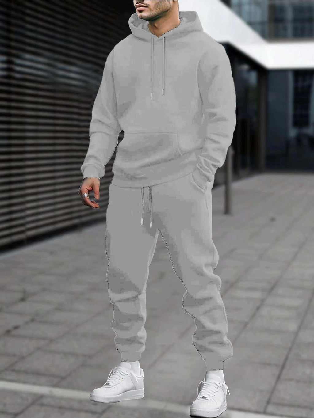 Men's 2pcs White Hoodie & Jogger Set - Casual Solid Color, Knit Polyester, with Pockets | Perfect for Fall/Winter Sports & Leisure