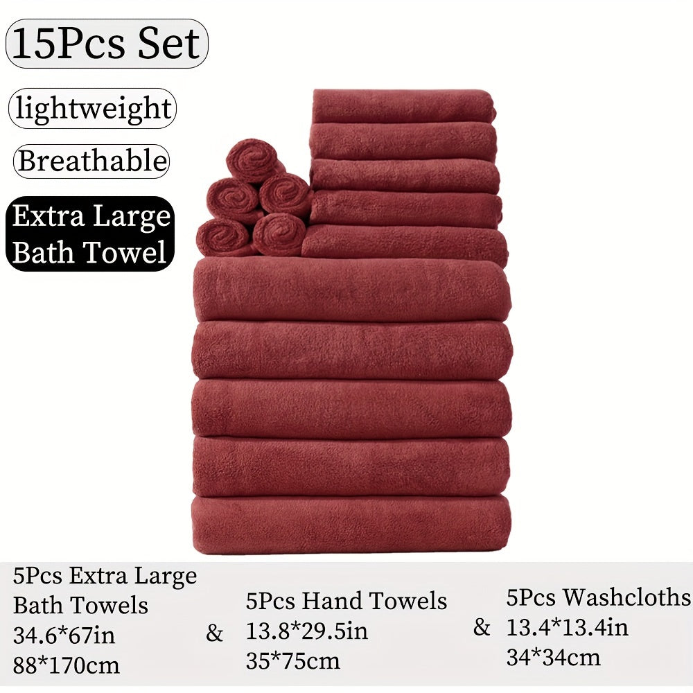 15pcs Ultra-Soft Microfiber Towel Set - Includes 300GSM Bath, Hand & Washcloths in Multiple Colors - Perfect for Home & Hotel Showers