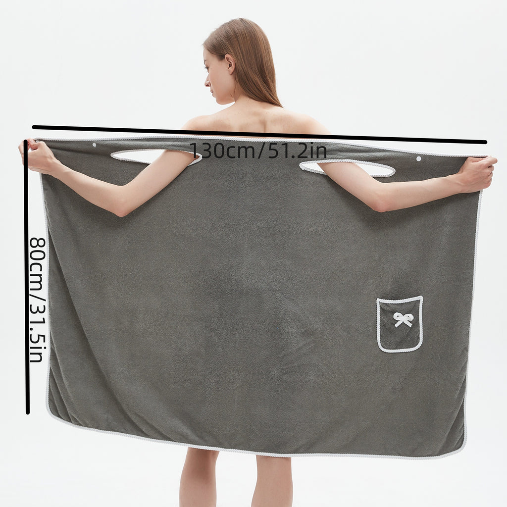 1pc Ultra-Soft Coral Velvet Bath Towel Skirt with Bowknot Design - Quick Dry, No Hair Loss, One Size Fits Most (5'2"-5'74", 132lbs-176lbs), Grey with White Pockets & Ties