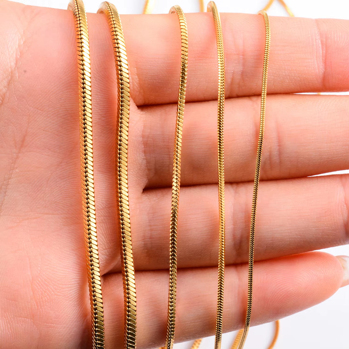 Witd Stainless Steel Square Snake Chain Necklace in Gold - Available in 0.9mm, 1.2mm, 1.5mm, 2mm, and 2.4mm for Men's and Women's Fashion Jewelry